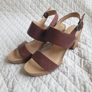 Lucky Brand Brown Leather Block Heel Slingback Sandals